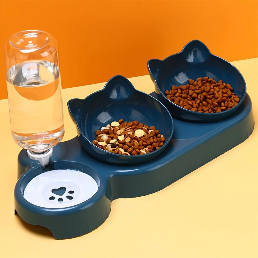 Set di ciotole per animali con distributore d'acqua, design inclinato 3 in 1