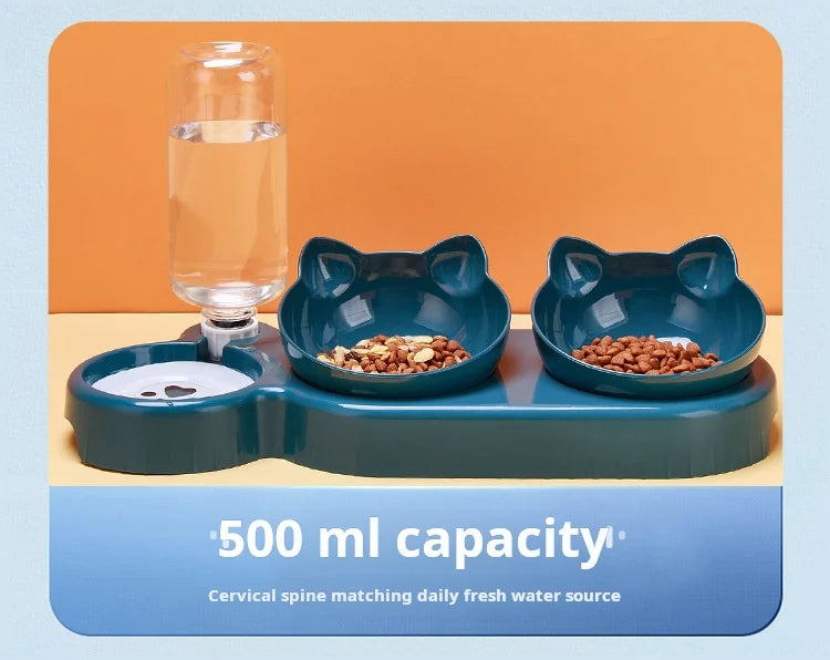Set di ciotole per animali con distributore d'acqua, design inclinato 3 in 1