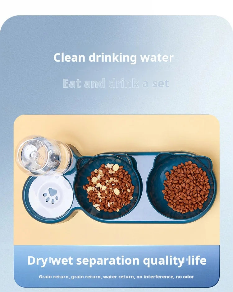 Set di ciotole per animali con distributore d'acqua, design inclinato 3 in 1