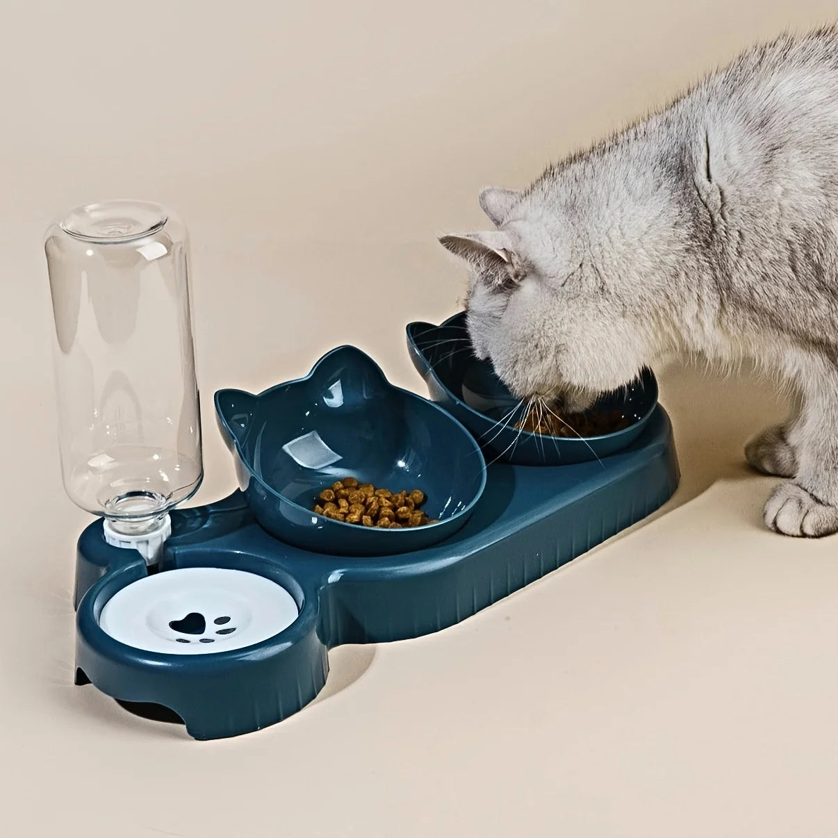 Set di ciotole per animali con distributore d'acqua, design inclinato 3 in 1