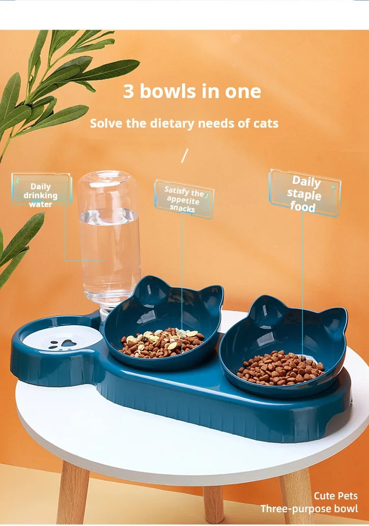 Set di ciotole per animali con distributore d'acqua, design inclinato 3 in 1