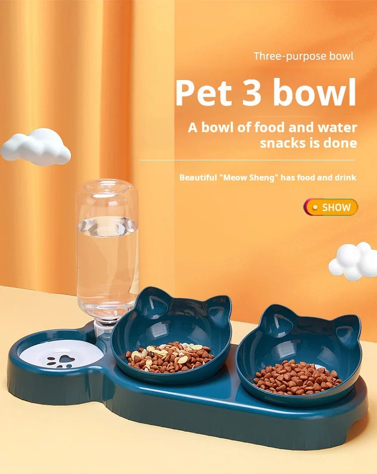 Set di ciotole per animali con distributore d'acqua, design inclinato 3 in 1