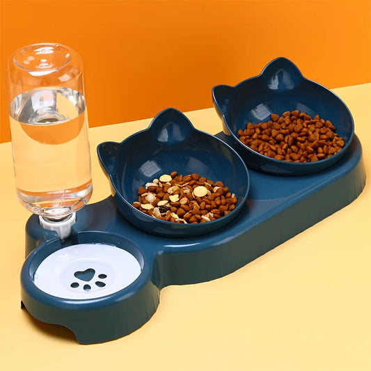 Set di ciotole per animali con distributore d'acqua, design inclinato 3 in 1