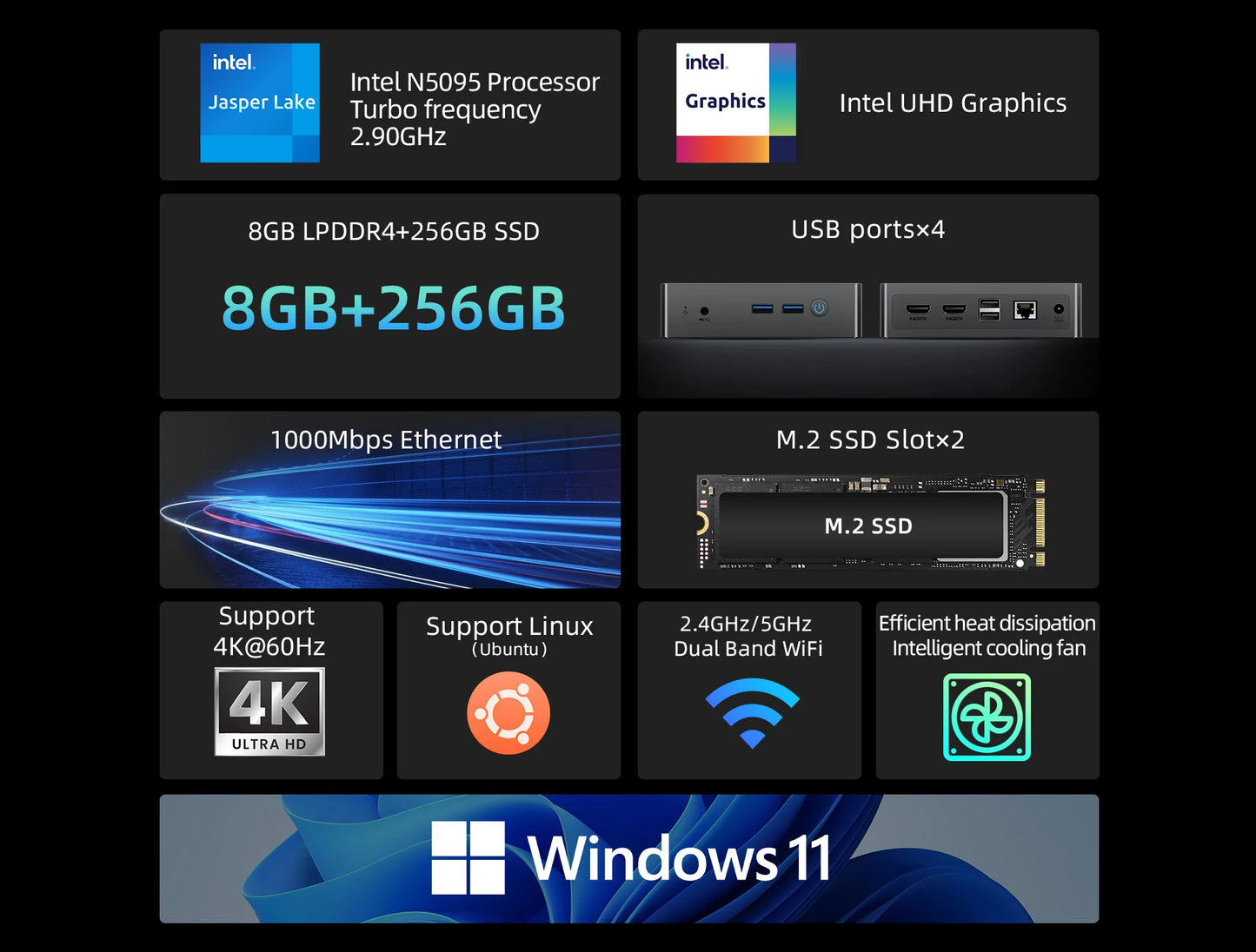 Bmax B3 Mini Pc Windows 11 Intel N5095 8Gb Ram Ddr4 256Gb Ssd Intel Uhd